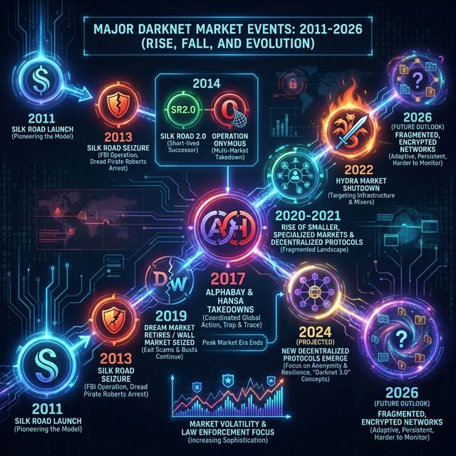 Timeline showing major darknet market events since the Silk Road launch in 2011