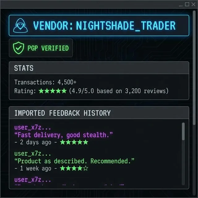 Example darknet market vendor profile showing transaction count, star rating, PGP verification badge, and imported feedback history
