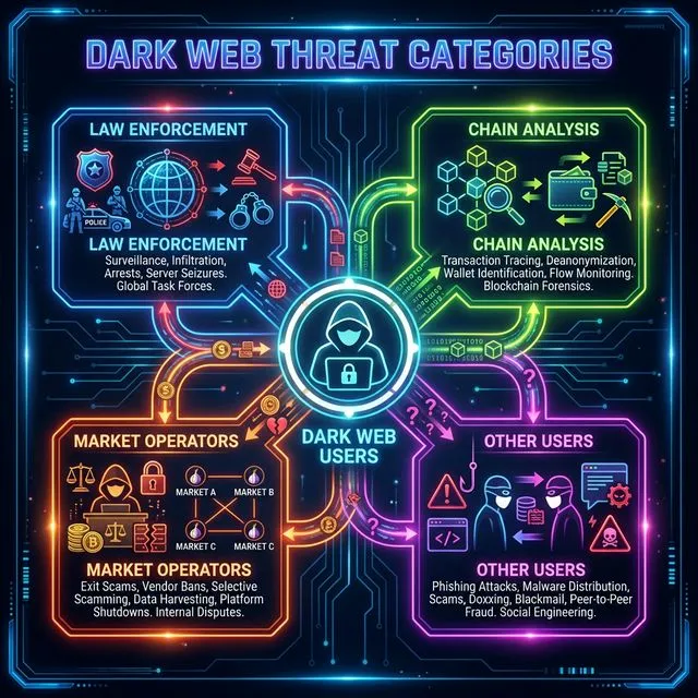 Diagram showing the four threat categories for dark web users: law enforcement, chain analysis, market operators, and other users