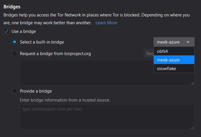 Tor Browser circumvention dialog showing built-in transport choices and a field for custom bridge lines
