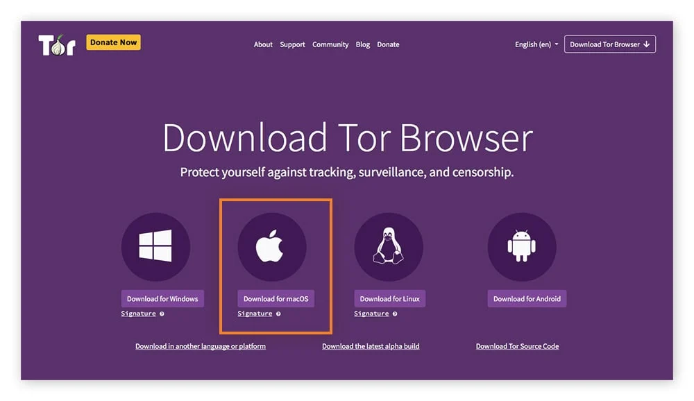 Official Tor Project download page showing installer options for Windows, macOS, Linux, and Android
