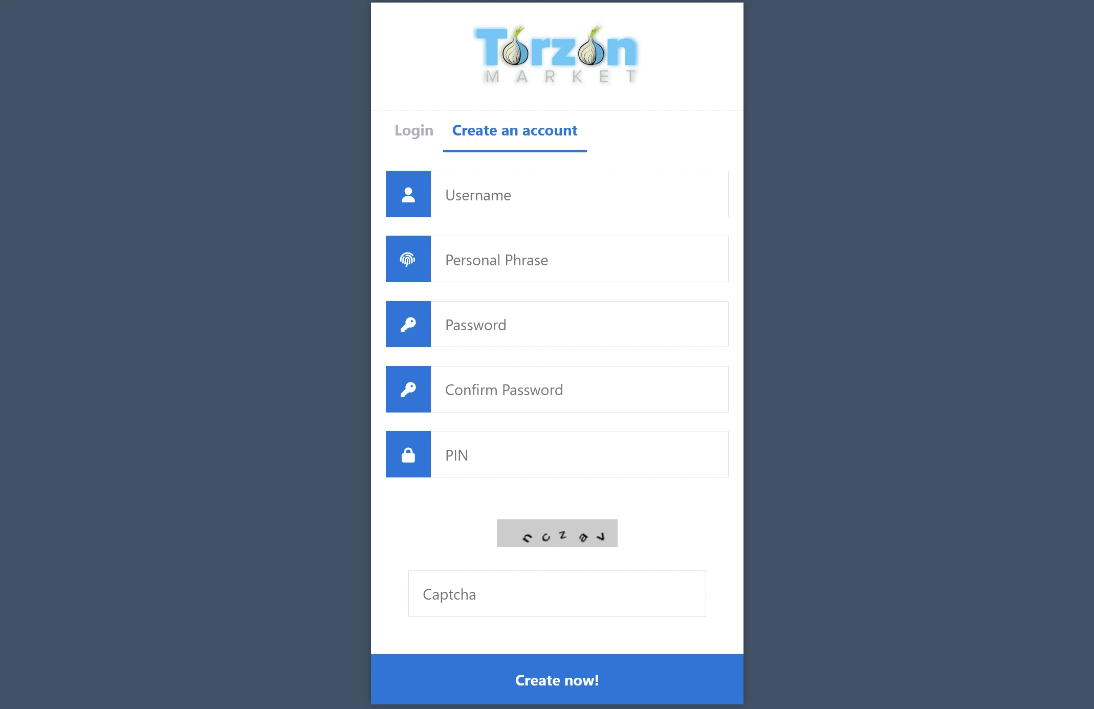 TorZon Market account creation page with username, password, and six-digit PIN fields