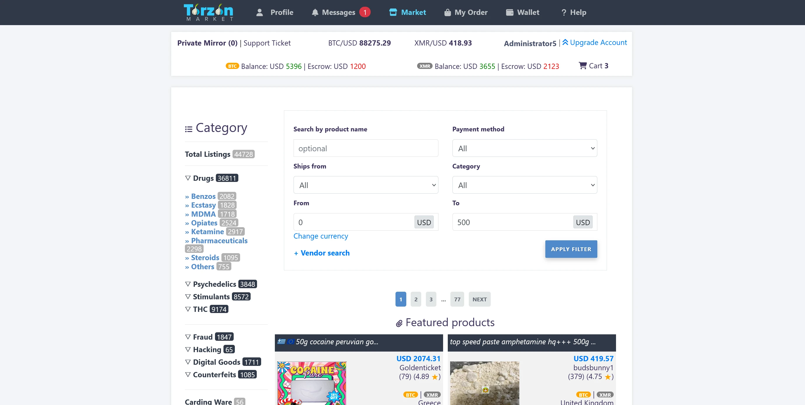 TorZon Market homepage dashboard displaying product categories and active listing count