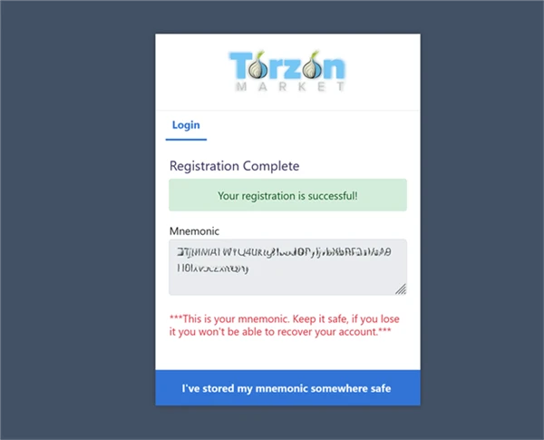 TorZon mnemonic recovery phrase display screen for secure account backup and restoration